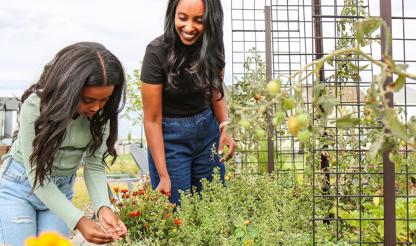 Woman hold basket of vegetables in a community garden