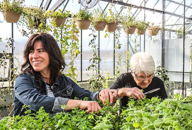 A women and older woman inside of a greenhouse